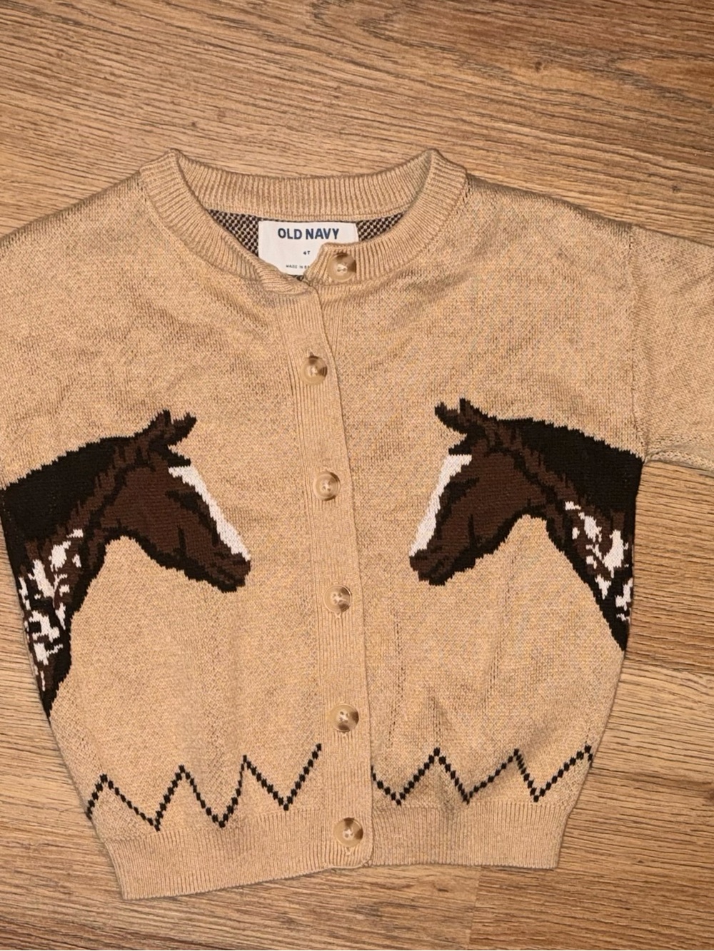 Old Navy Beige and Brown Horse-Graphic Button Cardigan